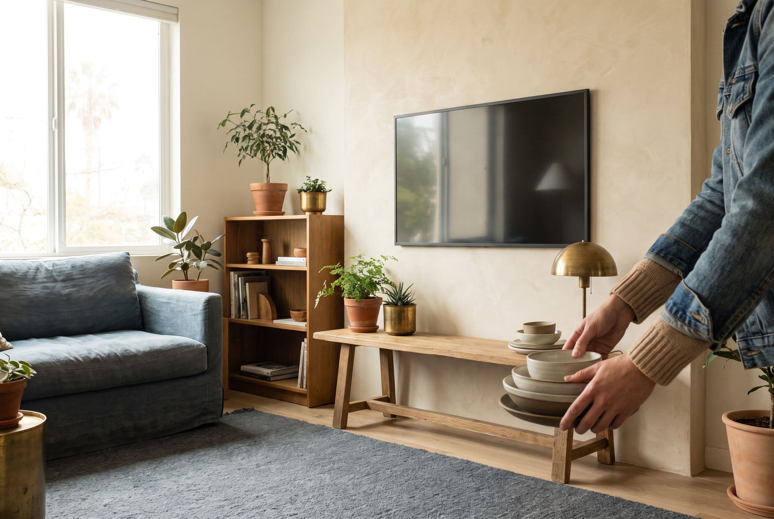 TV mounted flush on a plaster accent wall, cables hidden.