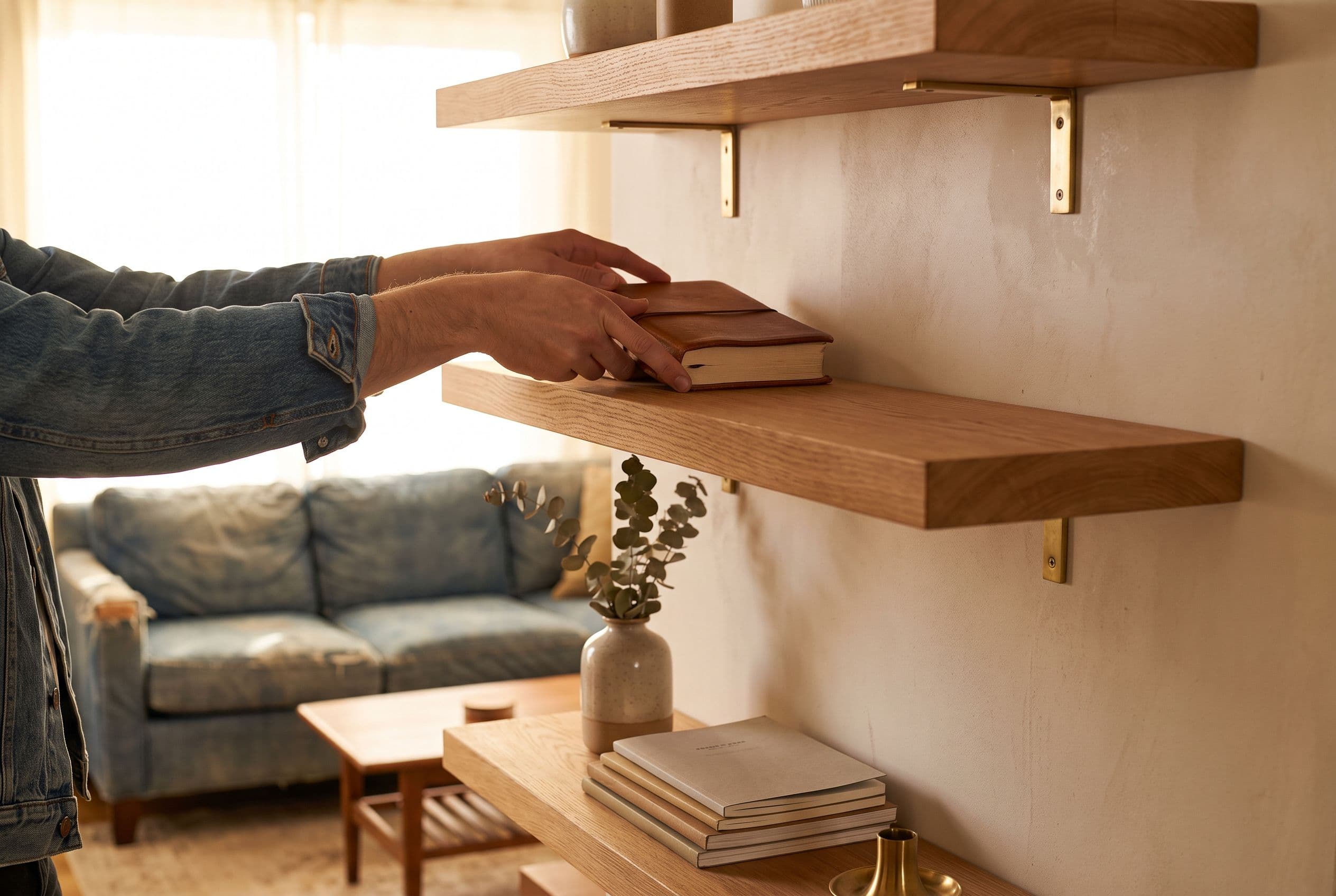 Floating oak shelves, installed level and styled.